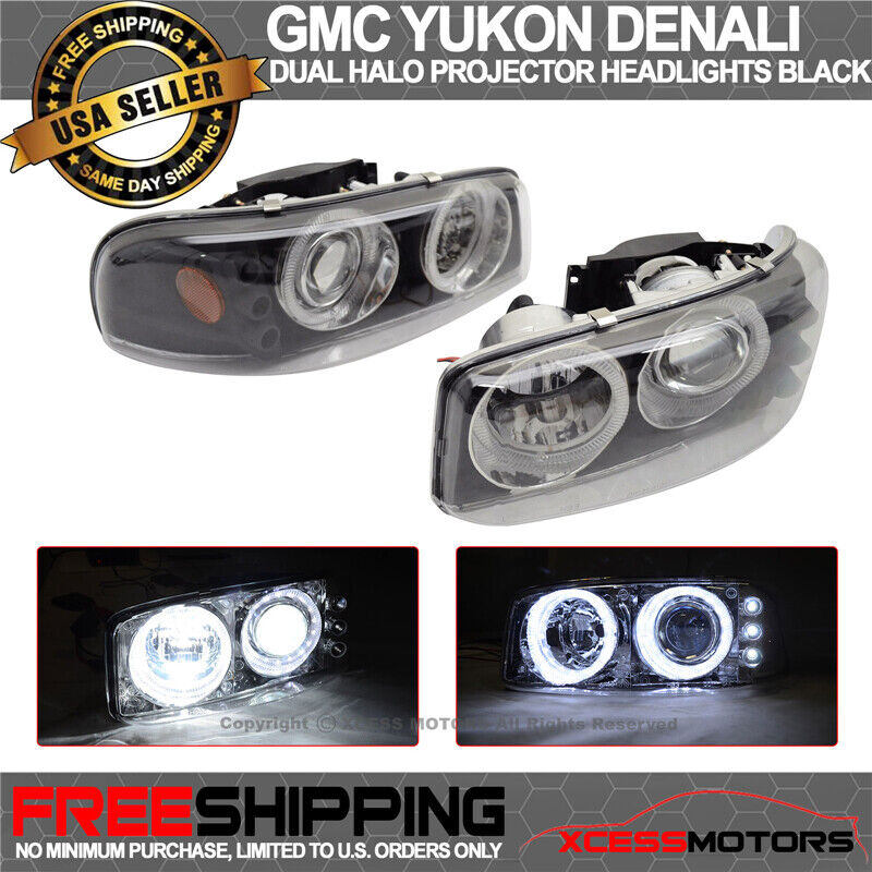 Fits 00-06 GMC Yukon 99-06 Sierra Black Front 2 Halo Projector Headlights Lamp
