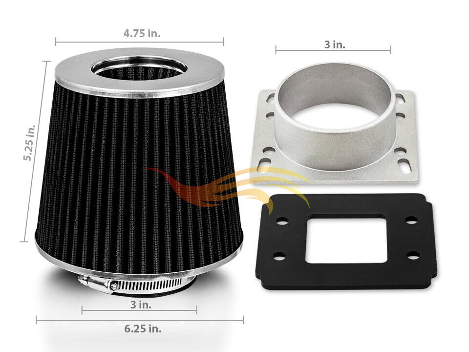 BLACK Cone Dry Filter + AIR INTAKE MAF Adapter Kit Ford 97-03 Escort 2.0L L4 ZX2