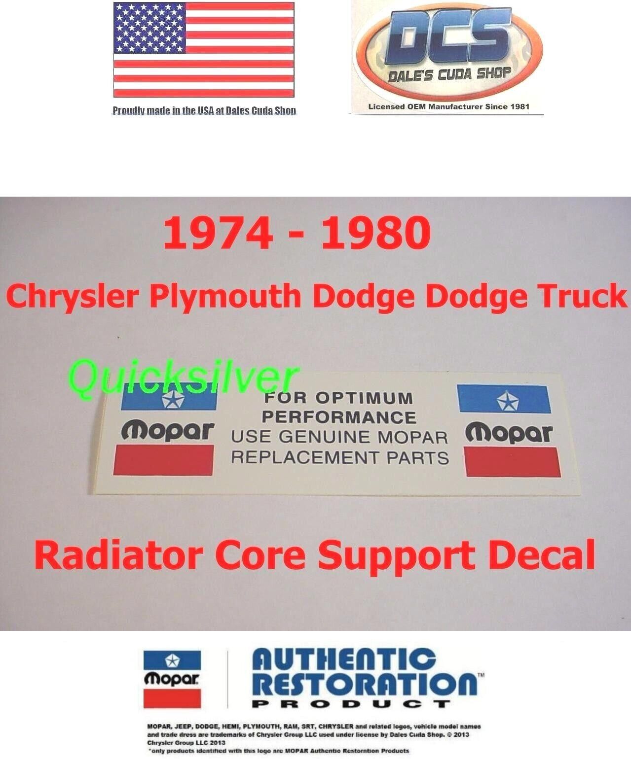 1974 - 1980 Dodge MOPAR REPLACEMENT PARTS Radiatior Core Support Decal NEW USA