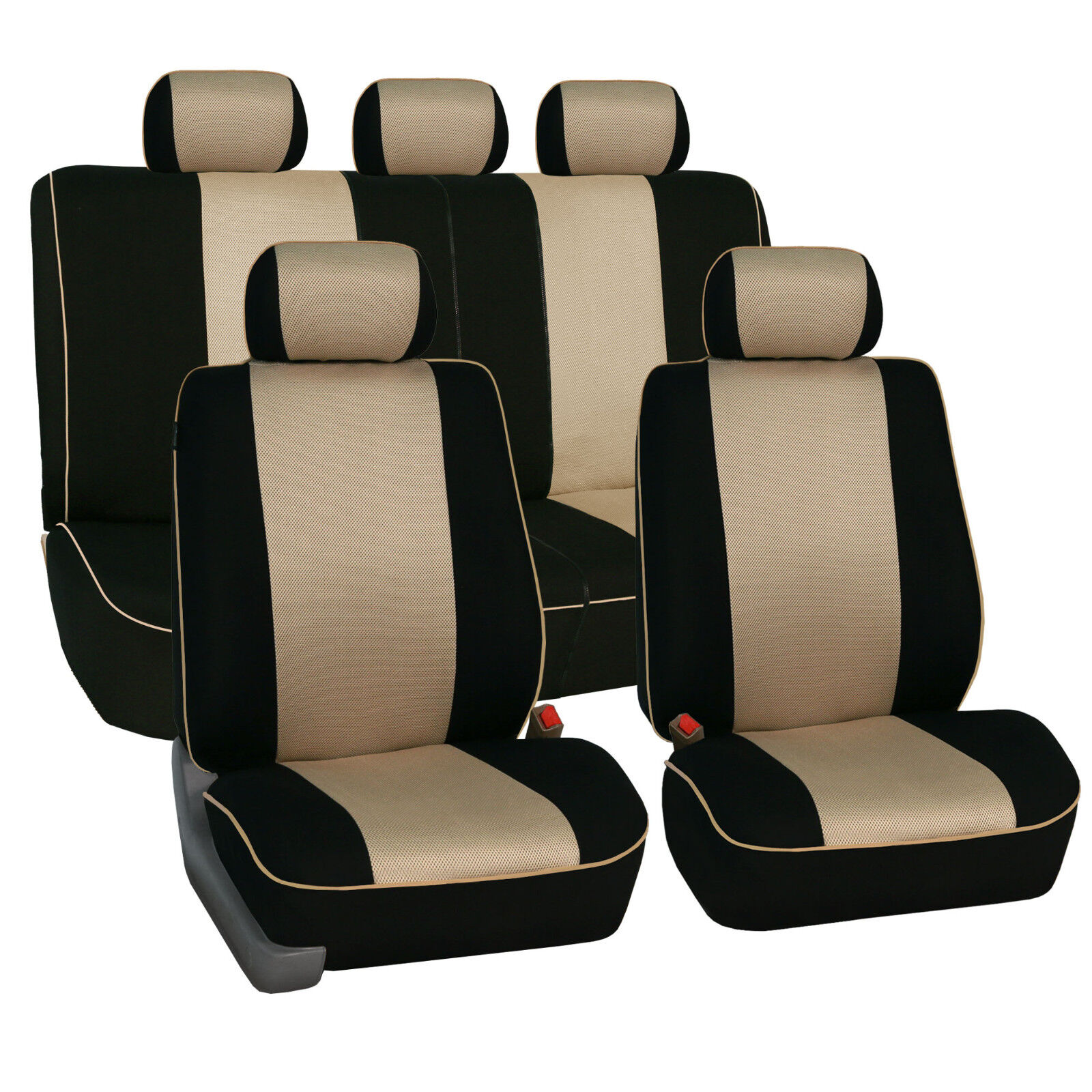 Beige Black Car Seat Covers Full Set Piping Style 2 Row Set