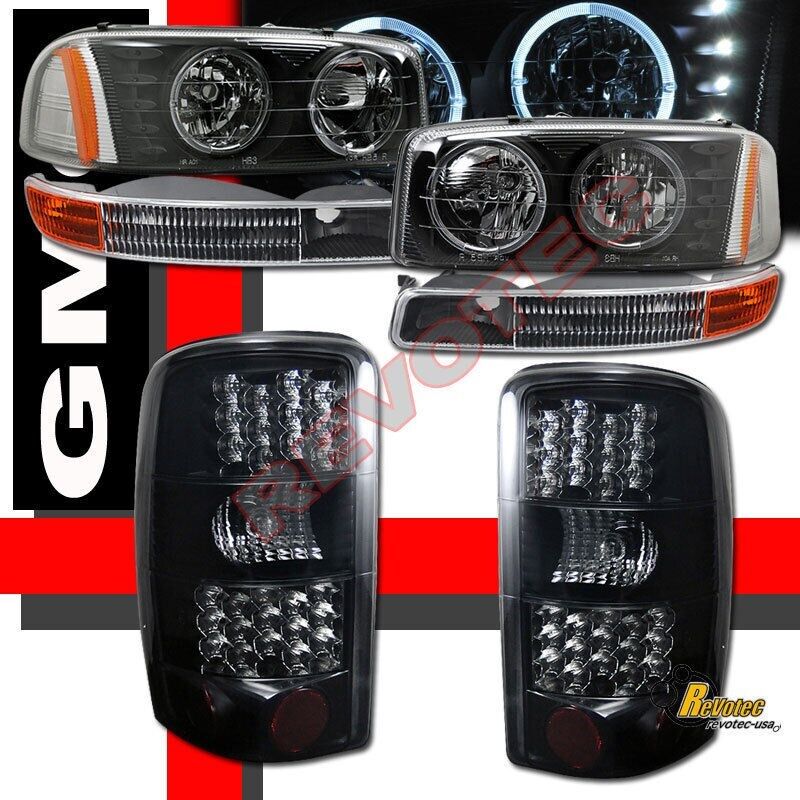 00-06 GMC Yukon XL Black Halo Headlights Bumper + LED Tail Lights Dark Smoke