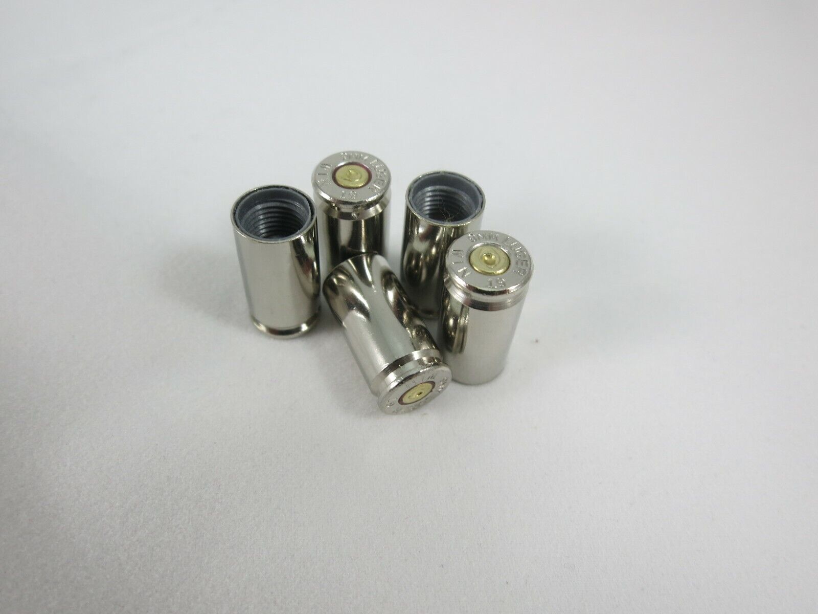 5 Bullet Tire Valve Stem Caps 9mm Luger Shells Nickel Case w/ Brass Center
