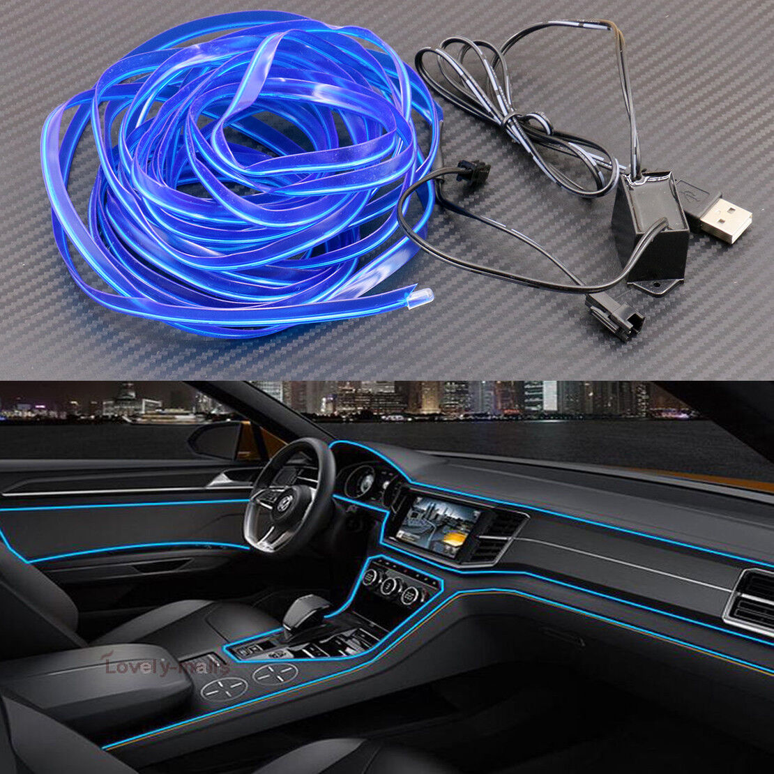Blue 5m Universal Car Interior Neon Strip Atmosphere Decor Light LED USB Port