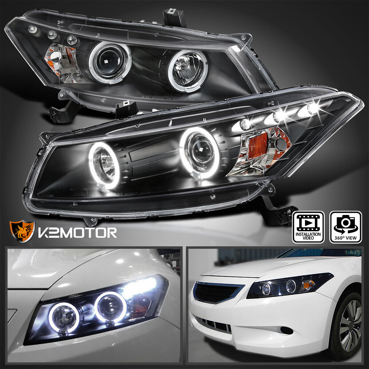 For 2008-2012 Honda Accord 2Dr Coupe Black LED Halo Projector Headlights 08-12