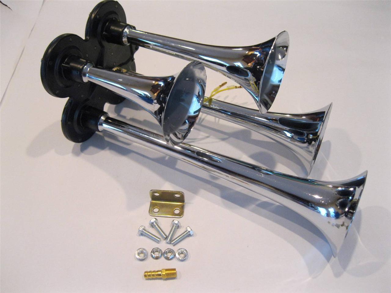 Chrome Metal 12V 150 DB Quad Trumpet Deep LOUD Train Air Four Horn Kit 12 Volt