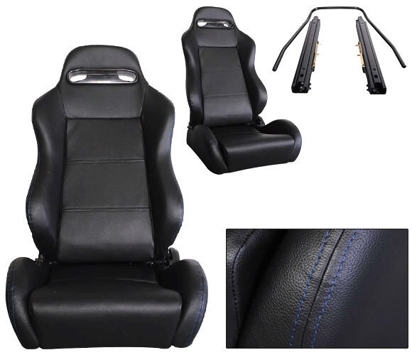 NEW 2 BLACK + BLUE STITCH LEATHER RACING SEATS RECLINABLE ALL CHEVROLET *****