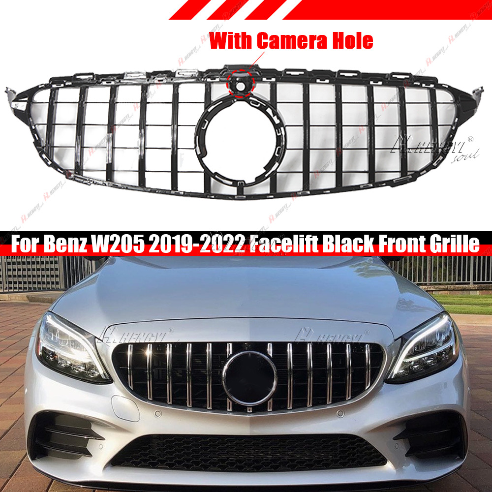 For Mercedes Benz W205 C250 C300 C43 GT Style Grill Grille Front  w/Camera Hole