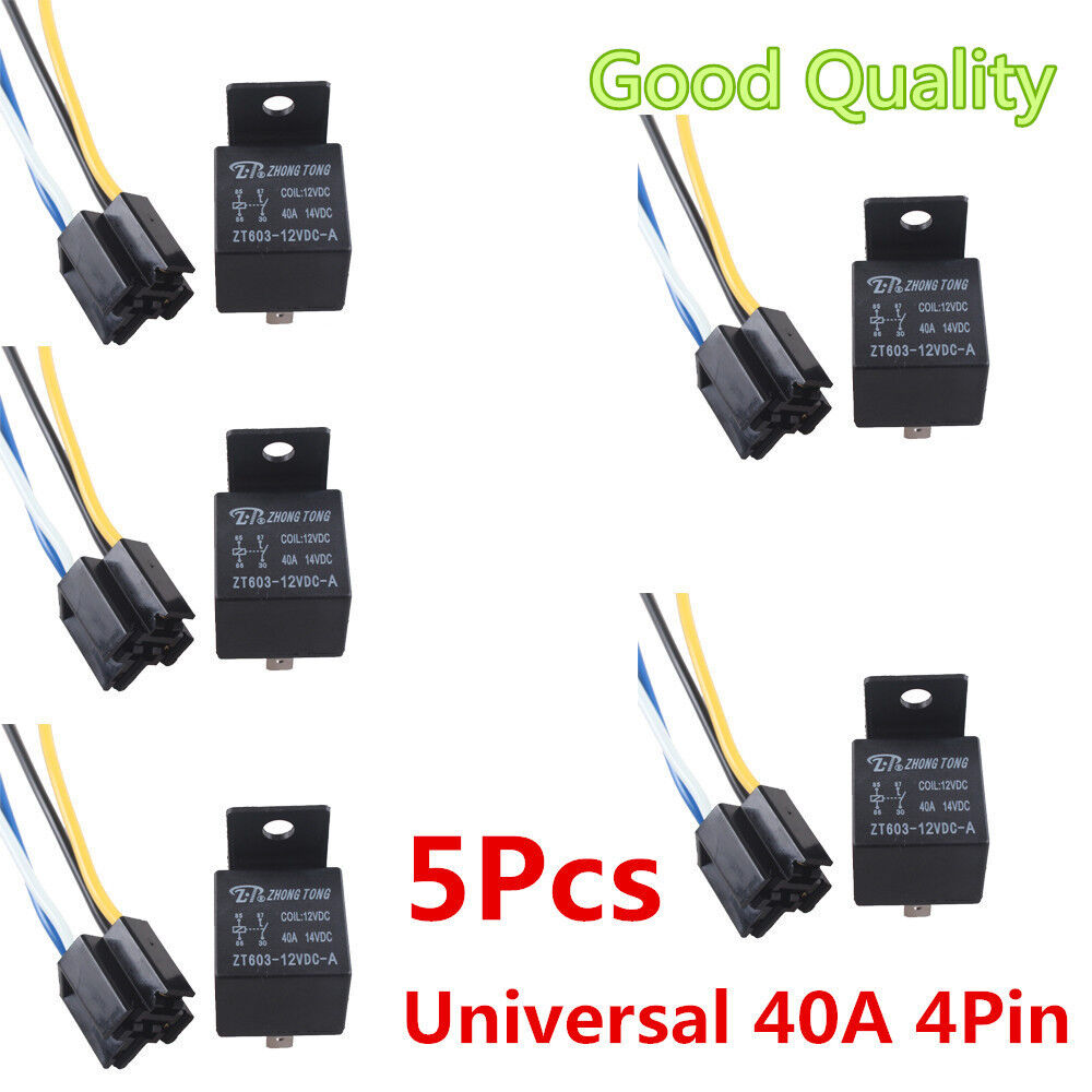 5 Pcs Black 12V 40A 4-Pin Car Automobile Premium Relay + 4 Pins Socket With Wire
