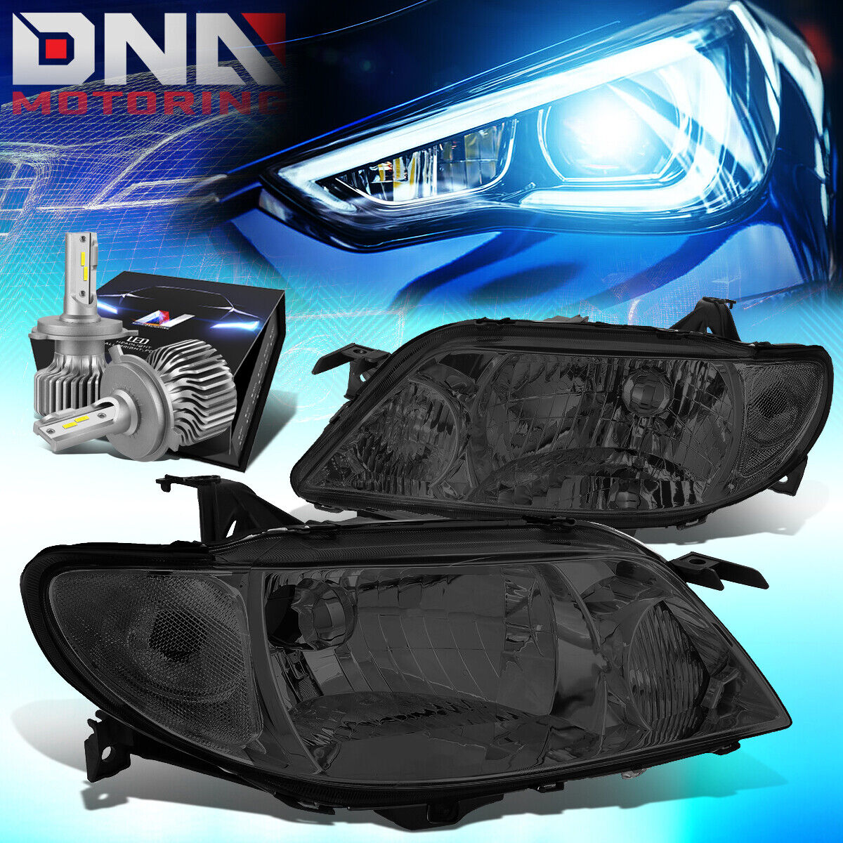 FOR 2001-2003 MAZDA PROTEGE OE STYLE HEADLIGHT LAMPS W/LED KIT SLIM STYLE SMOKED