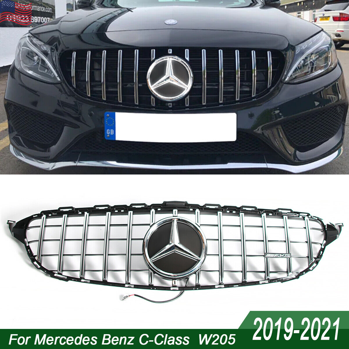 Chrome GTR Grille W/Led Star For 2019-2021 Mercedes Benz W205 C200 C300 C43 AMG