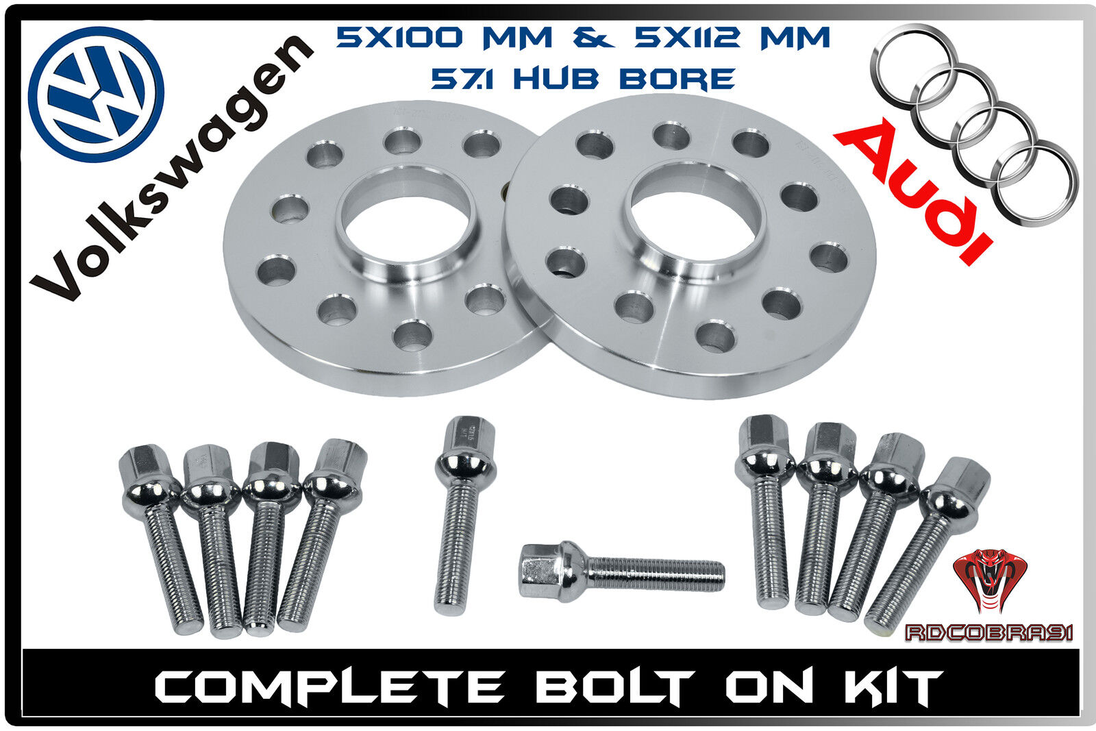 2 Pc 20mm Wheel Spacers 5x100 5x112 | + 10 Lug Bolts | Fits Audi & Volkswagen