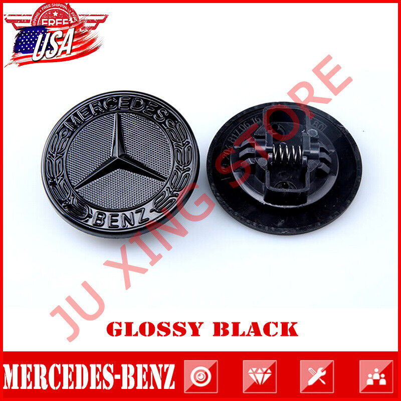 Gloss Black Flat Front Hood Emblem Badge For Mercedes Benz C43 C63 C300 AMG 57mm