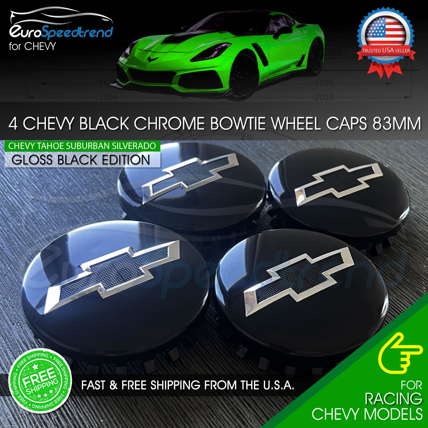 Chevy 83mm Black Wheel Center Hub Caps Bowtie Silverado Tahoe Suburban 2014-2021