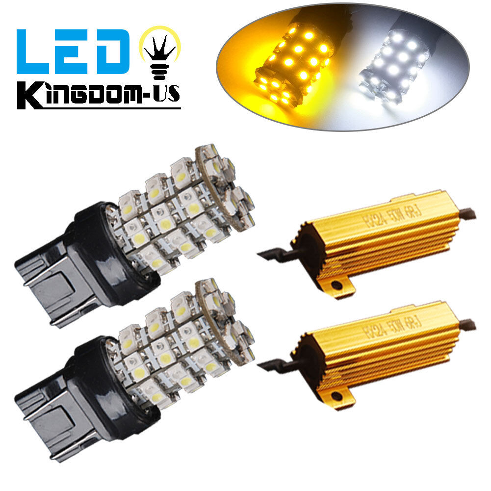 2x 7443 7440 Switchback White/Amber 60SMD LED Turn Signal Light Bulbs+Resistors