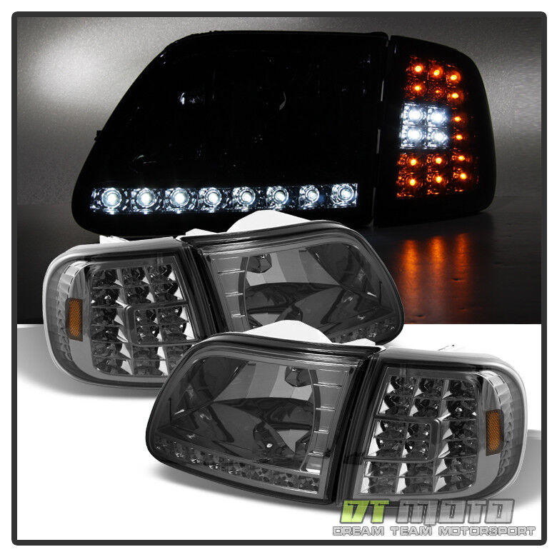 Smoked 1997-2003 Ford F150 Expedition LED Strip DRL Headlights+LED Corner Lights