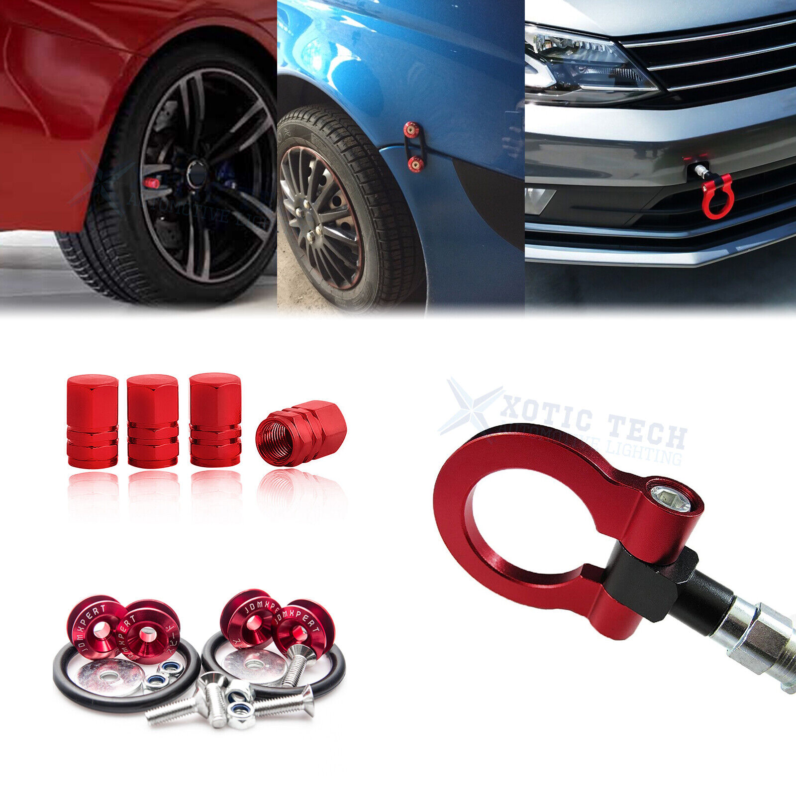 Red Tow Hook+Tire Valve Caps+Quick Release Fastener For Volkswagen EOS 2006-2016