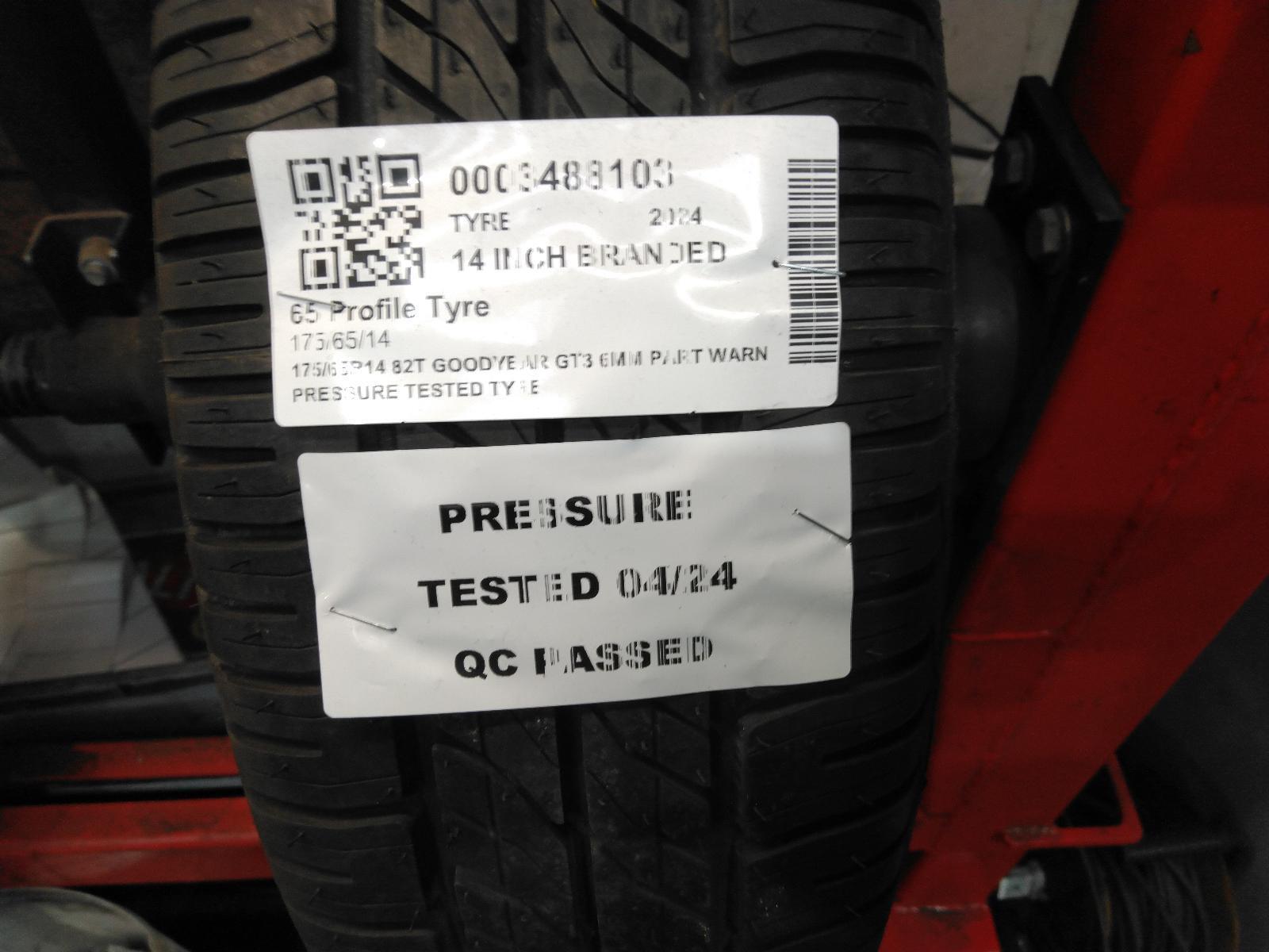 175/65R14 82T GOODYEAR GT3 6MM PART WARN PRESSURE TESTED TYRE