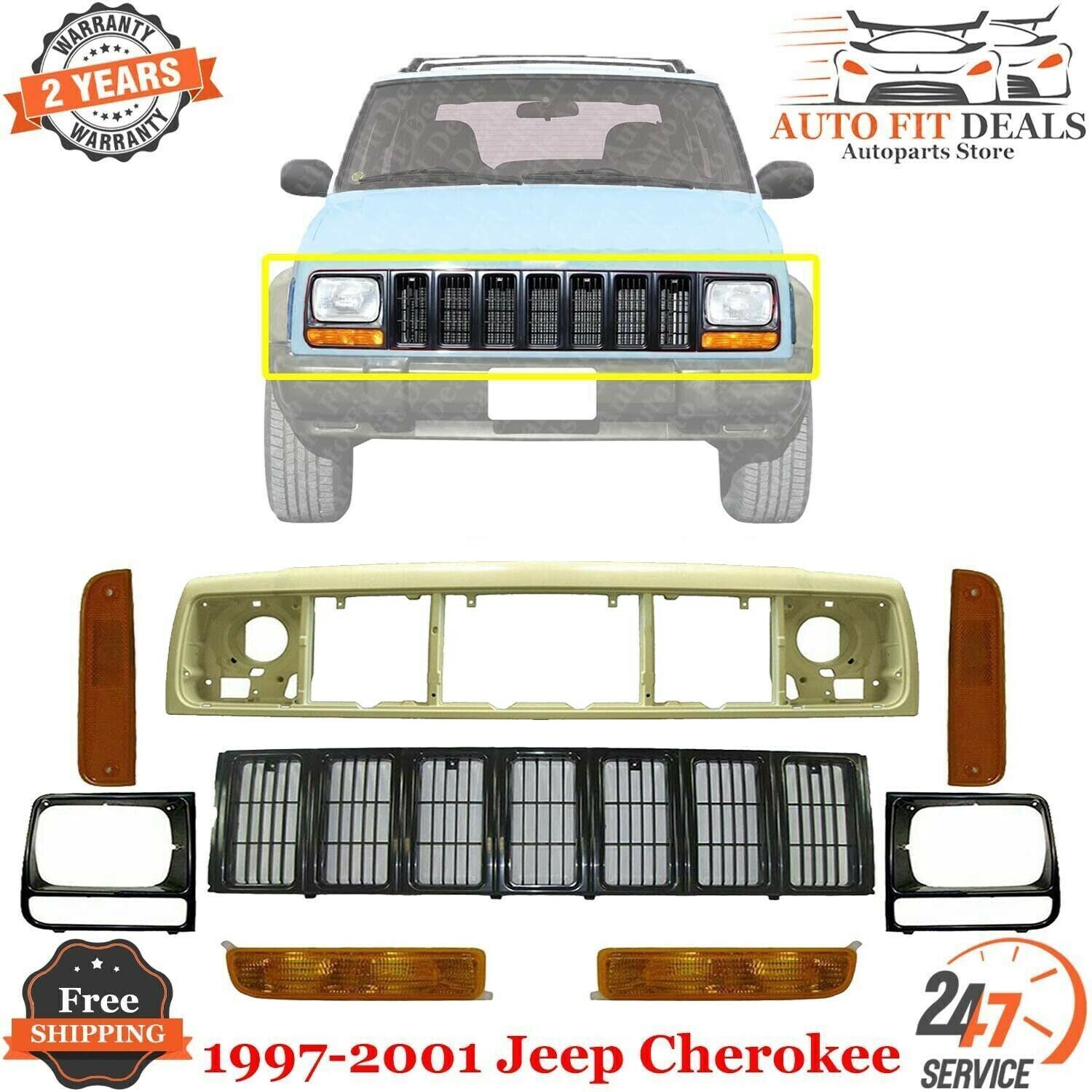 Header Panel Grille Headlight Door Park & corner Lights For 97- 01 Jeep Cherokee