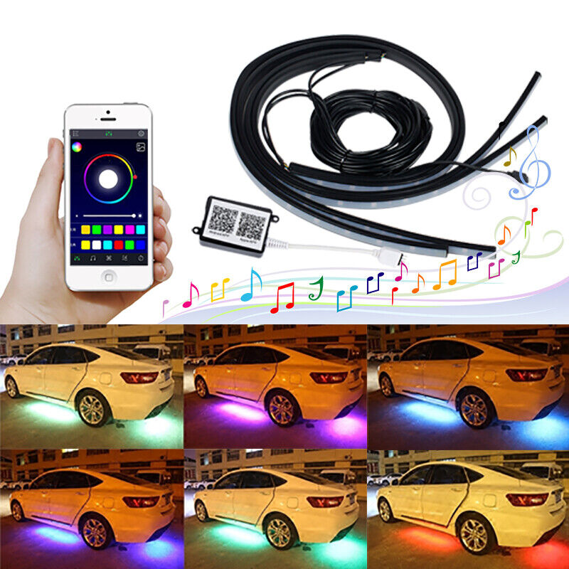 4x RGB LED Under Car Tube Strip Underglow body Neon Light Kit App Control Decor