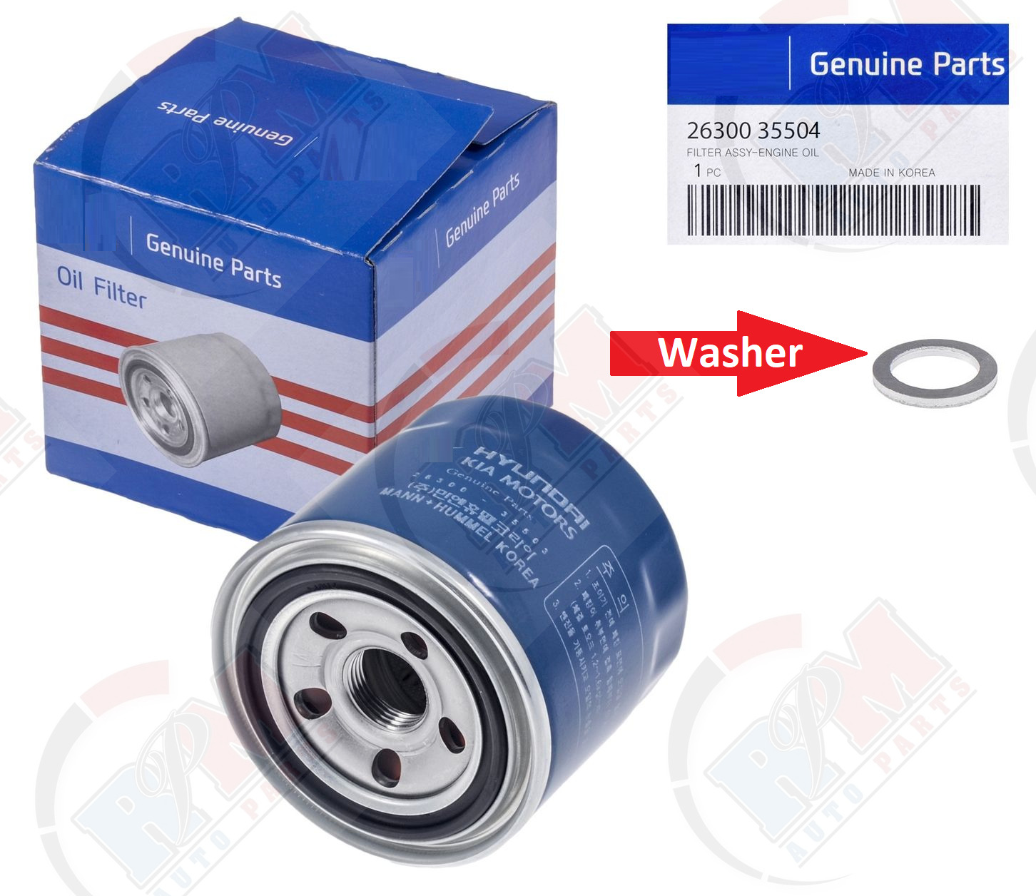 GENUINE Oil Filter 26300-35504 + Oil Drain Plug Gasket for Hyundai & Kia
