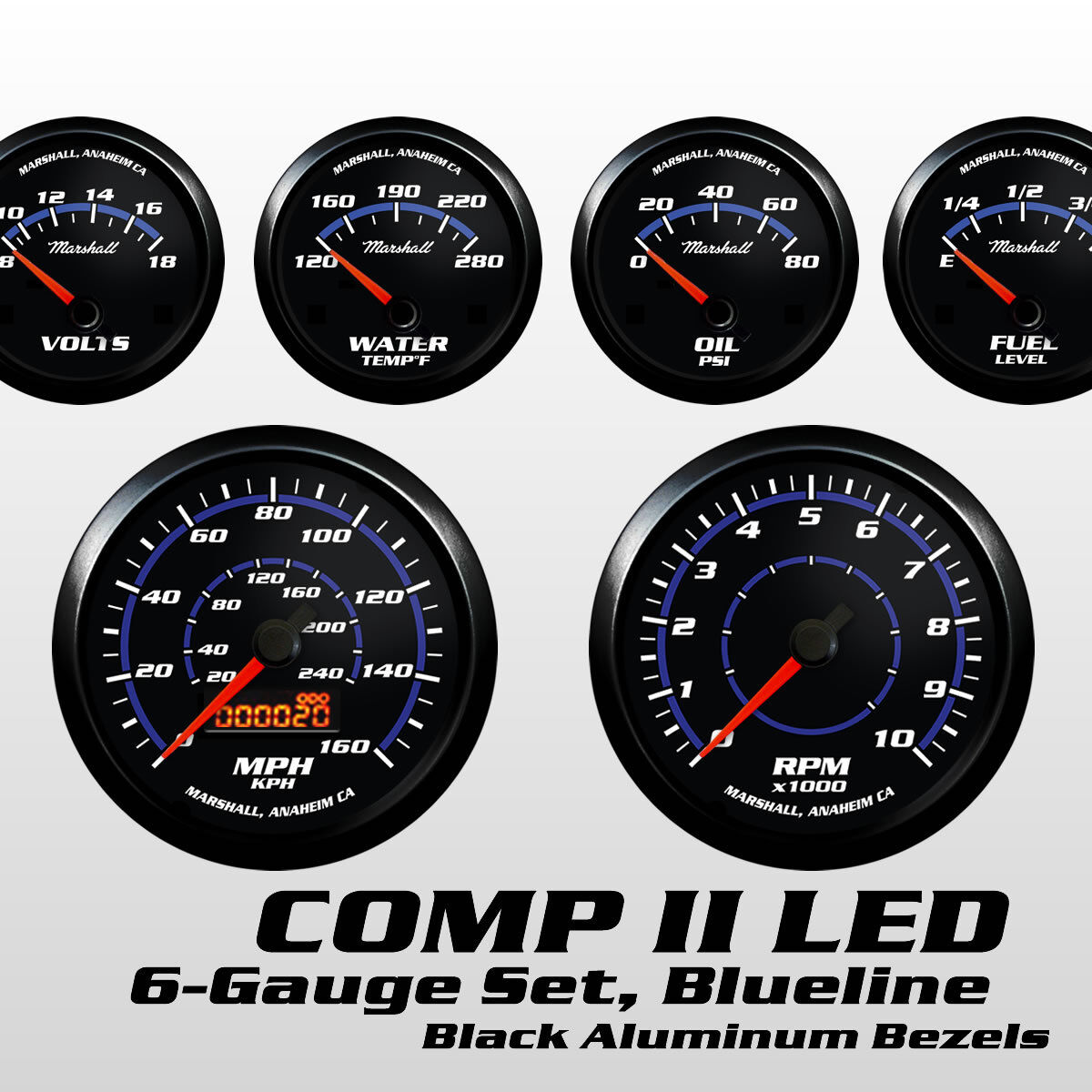 C2 Blueline 6 Gauge Set, Black Bezels, 0-90 Ohm Fuel Level, Cobalt Blue Accents