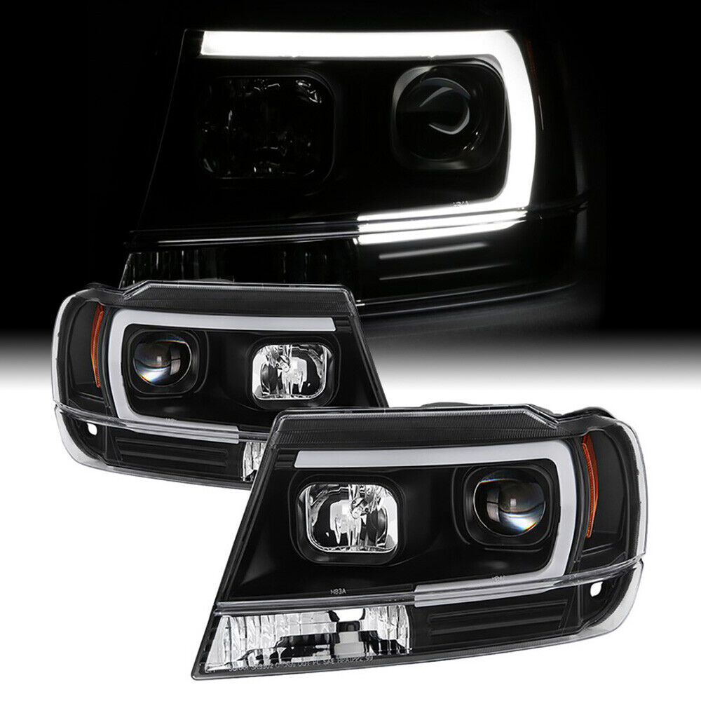 For 99-04 Jeep Grand Cherokee Black Projector Headlight [C-Shape Neon Tube LED]