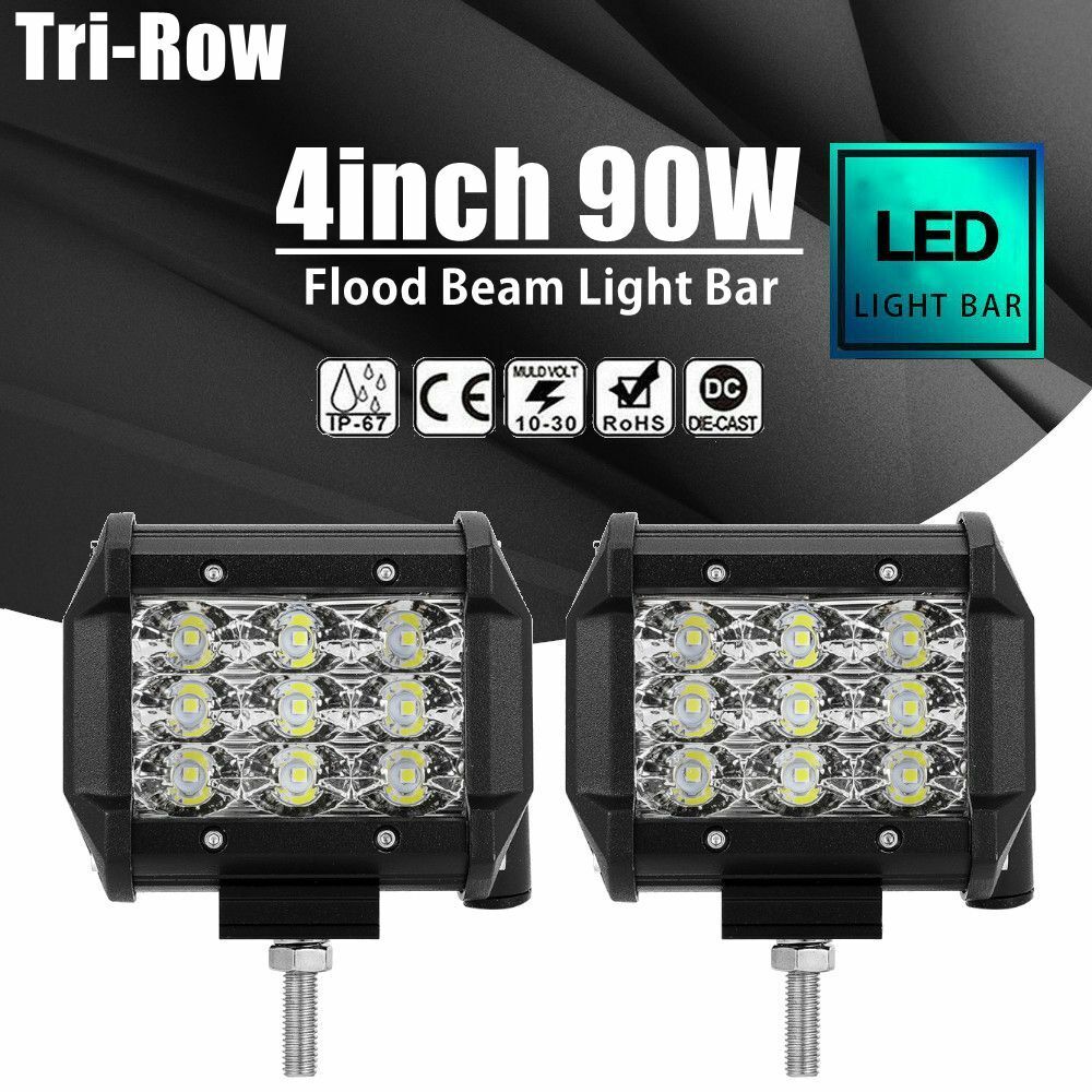 2X Tri Row 90W 4inch  LED Work Light Bar FLOOD Offroad Driving 4X4WD ATV SUV