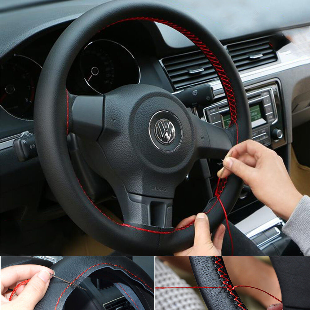 DIY PU Leather Steering Wheel Cover 14''/15''/16'' w/Needles Thread Black&Red US