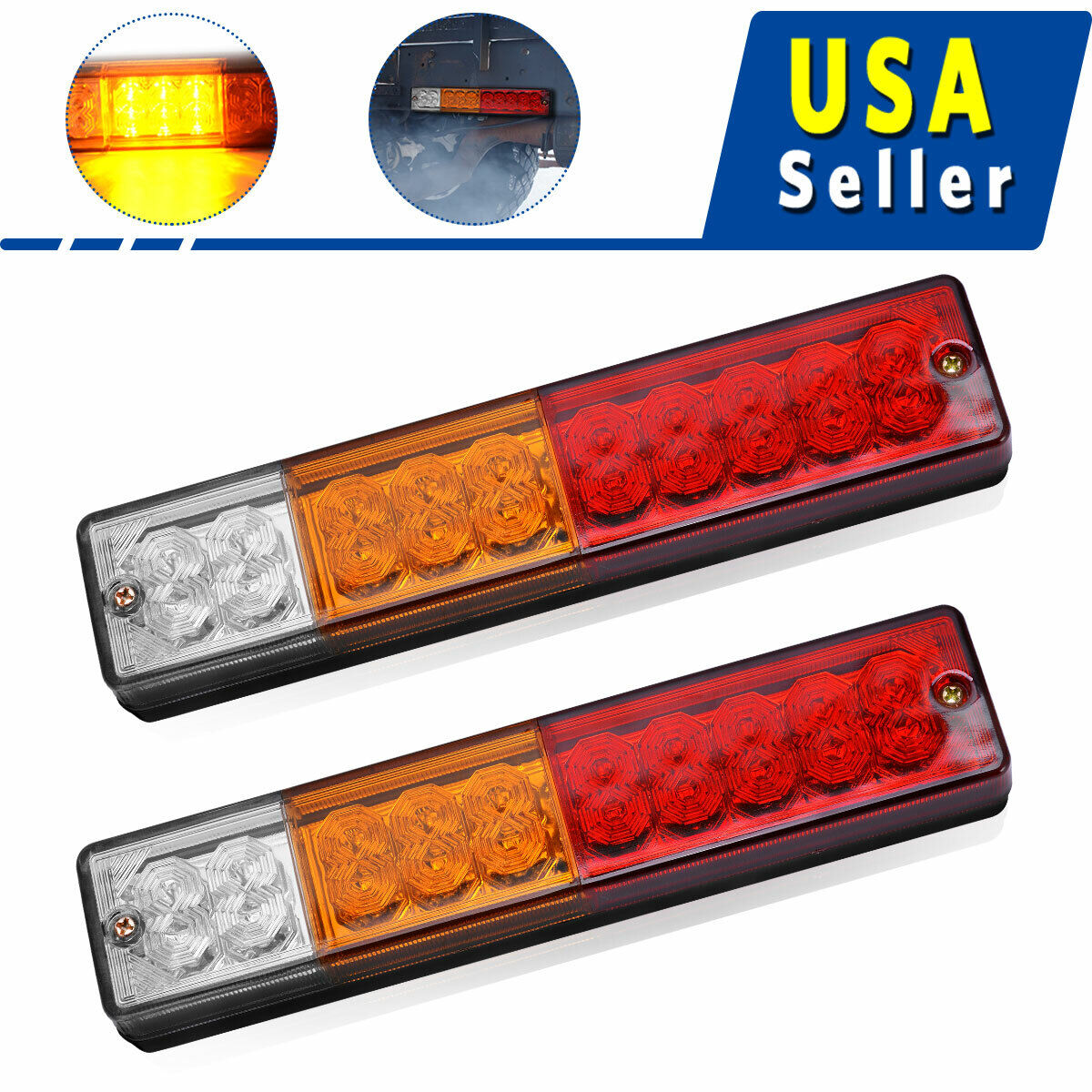 2 Red/Amber/White 20LED Car Truck Tail Light Turn Signal Reverse Brake Rear Lamp