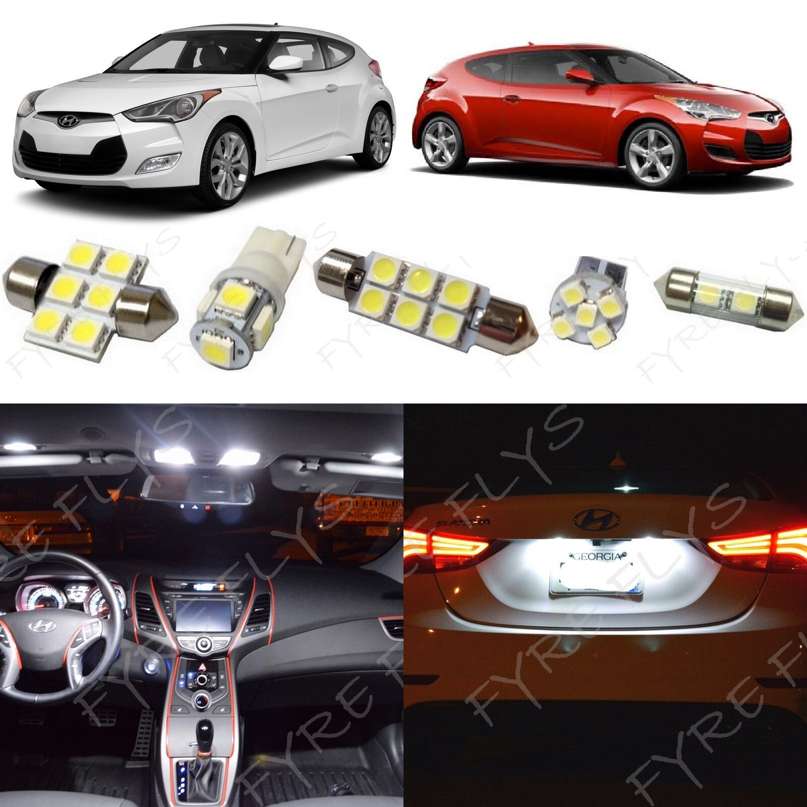 8 White LED lights interior package kit for 2012-2017 2019 Hyundai Veloster+Tool