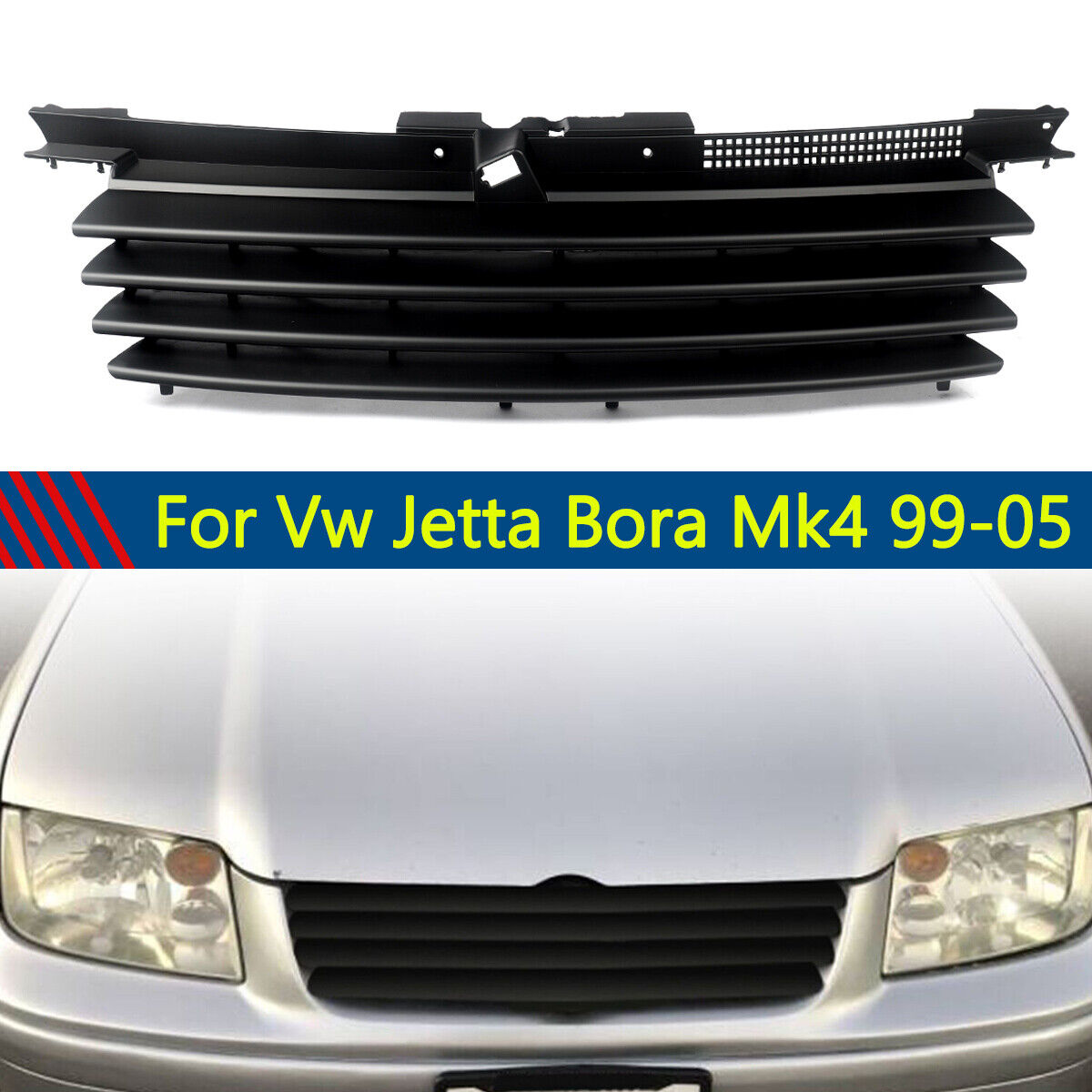 Fit For 1999-2005 VW Jetta Bora Mk4 Front Badgeless Bumper Grill Grille Black