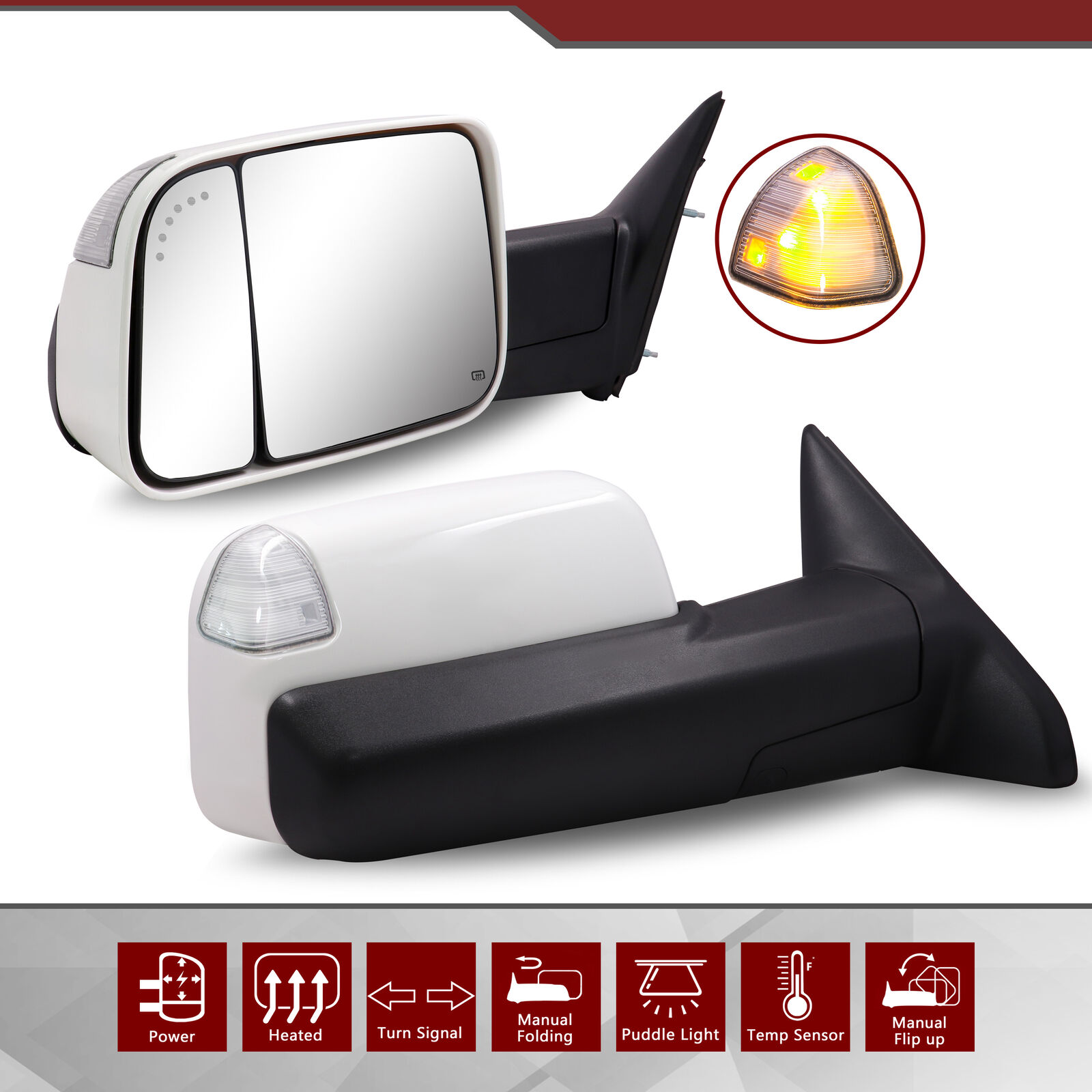 Tow Mirrors LED Signals Painted White PW7 fit 2009-2018 Dodge Ram 1500 Sanooer
