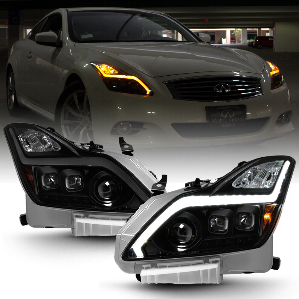 Black Smoke LED DRL Sequential Projector Headlights For 2008-2015 G37/Q60 Coupe