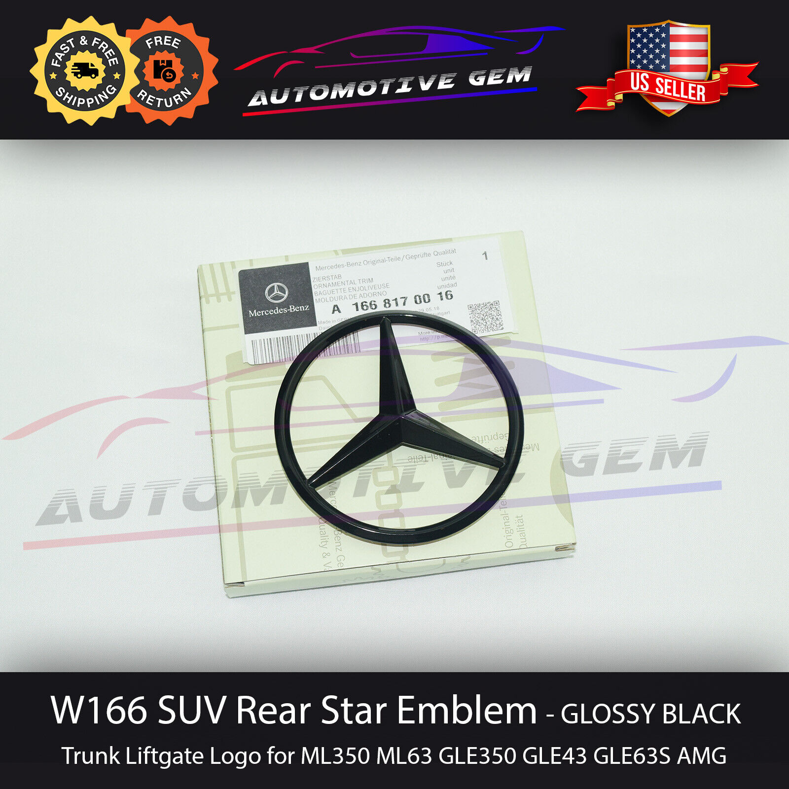W166 SUV Mercedes GLOSS BLACK Star Emblem Rear Trunk Lid Logo Badge AMG GLE350