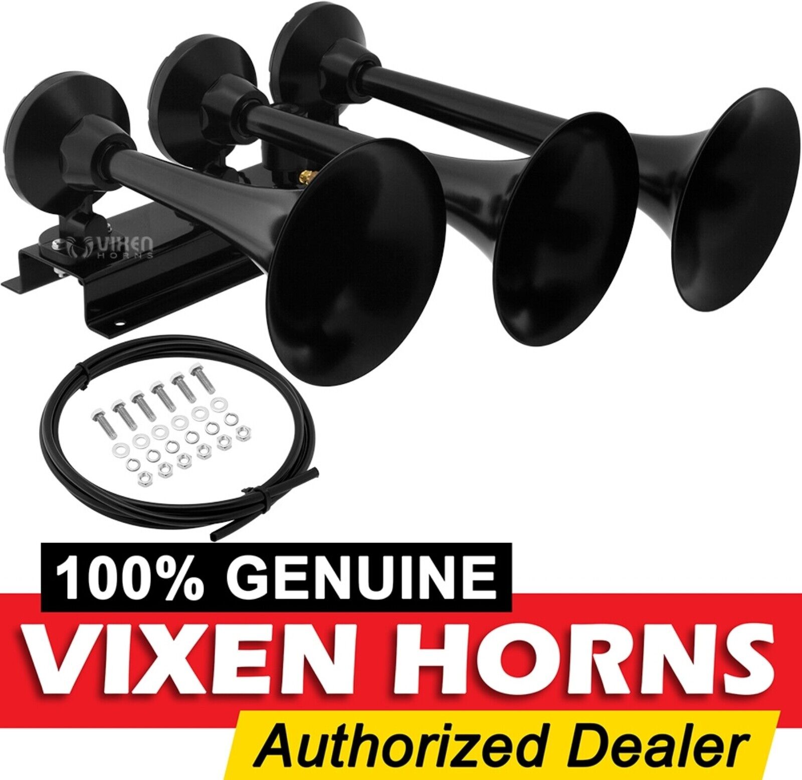 VIXEN HORNS TRAIN AIR HORN 3 TRUMPETS BLACK FOR TRUCK/CAR/SUV LOUD SOUND DB 12V