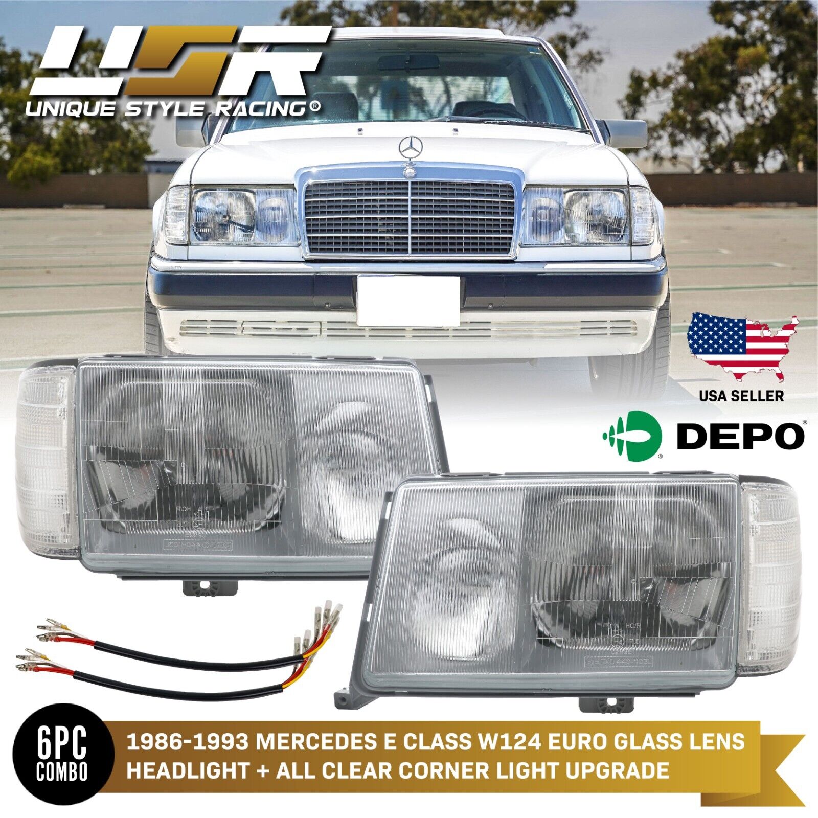 DEPO Euro Headlights Set + Corner Lights + Wiring For 1986-93 Mercedes Benz W124