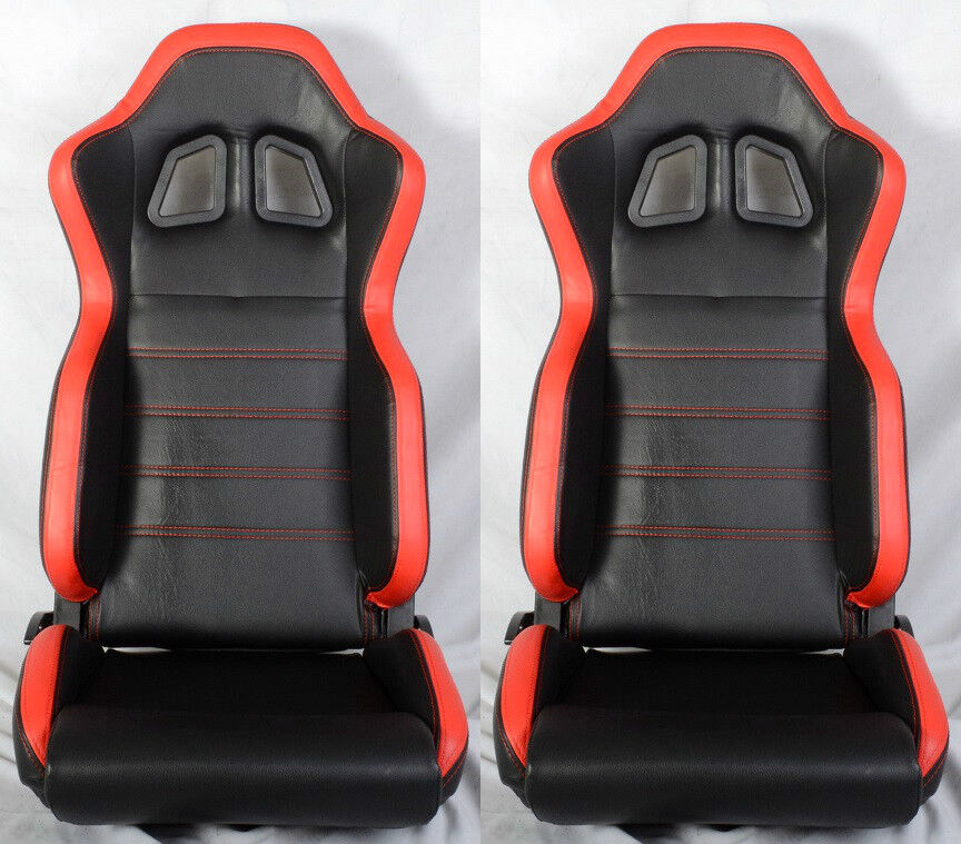 NEW 2 BLACK & RED PVC LEATHER RACING SEATS + SLIDER RECLINABLE PONTIAC NEW *