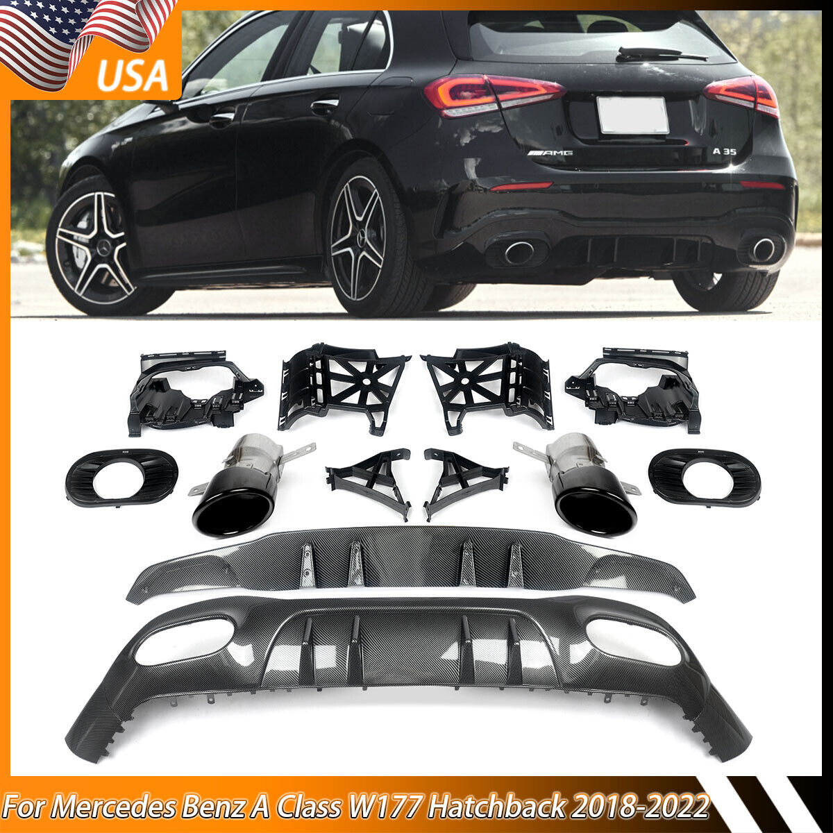 Rear Diffuser Lip W/Exhaust Tips For Benz 2018-2020 W177 A200 A250 Sport A35 AMG