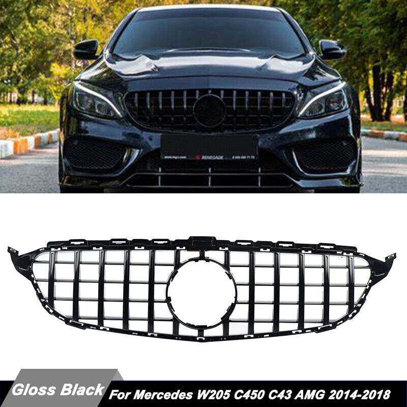 For Mercedes W205 C300 C450 C43 AMG 2014-2018 GTR Style Front Grille Gloss Black
