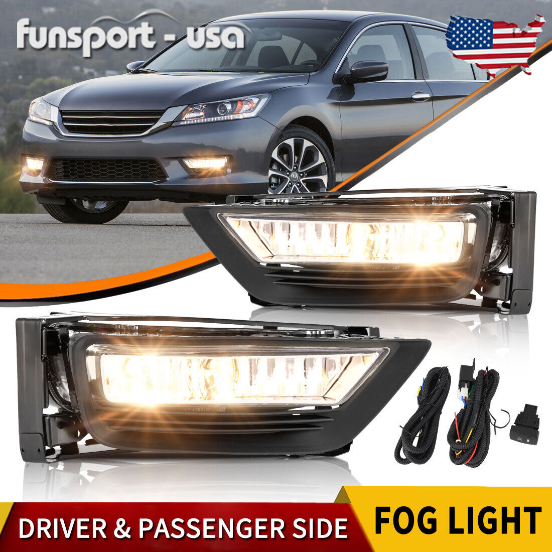 Fog Lights for 2013-2015 Honda Accord Sedan 4Dr Clear Bumper Lamp+Bulbs w/Switch