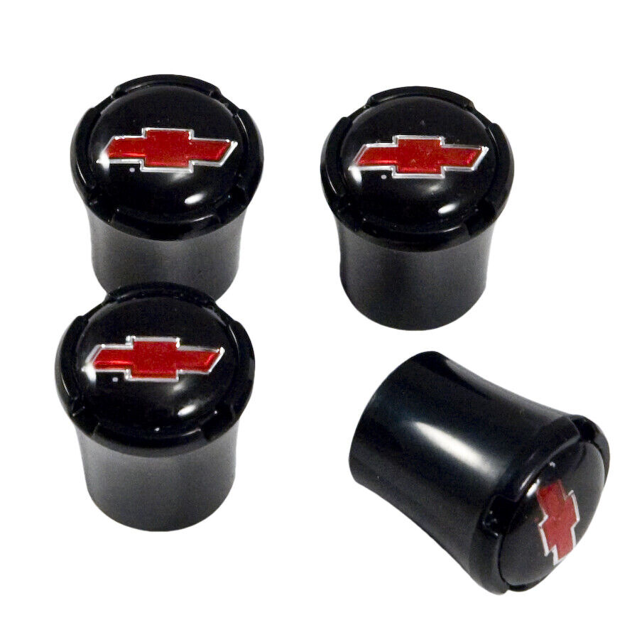 Chevrolet Chevy Black Wheel Valve Stem Caps w/ Red Bowtie Logo - Set of 4