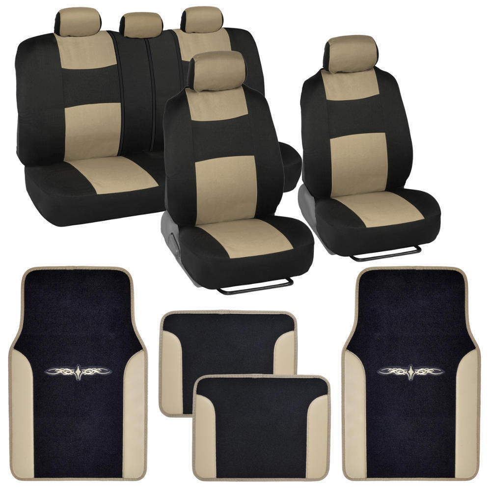Beige/Black Car Interior Set Split Bench Seat Covers 2 Tone Floor Mats