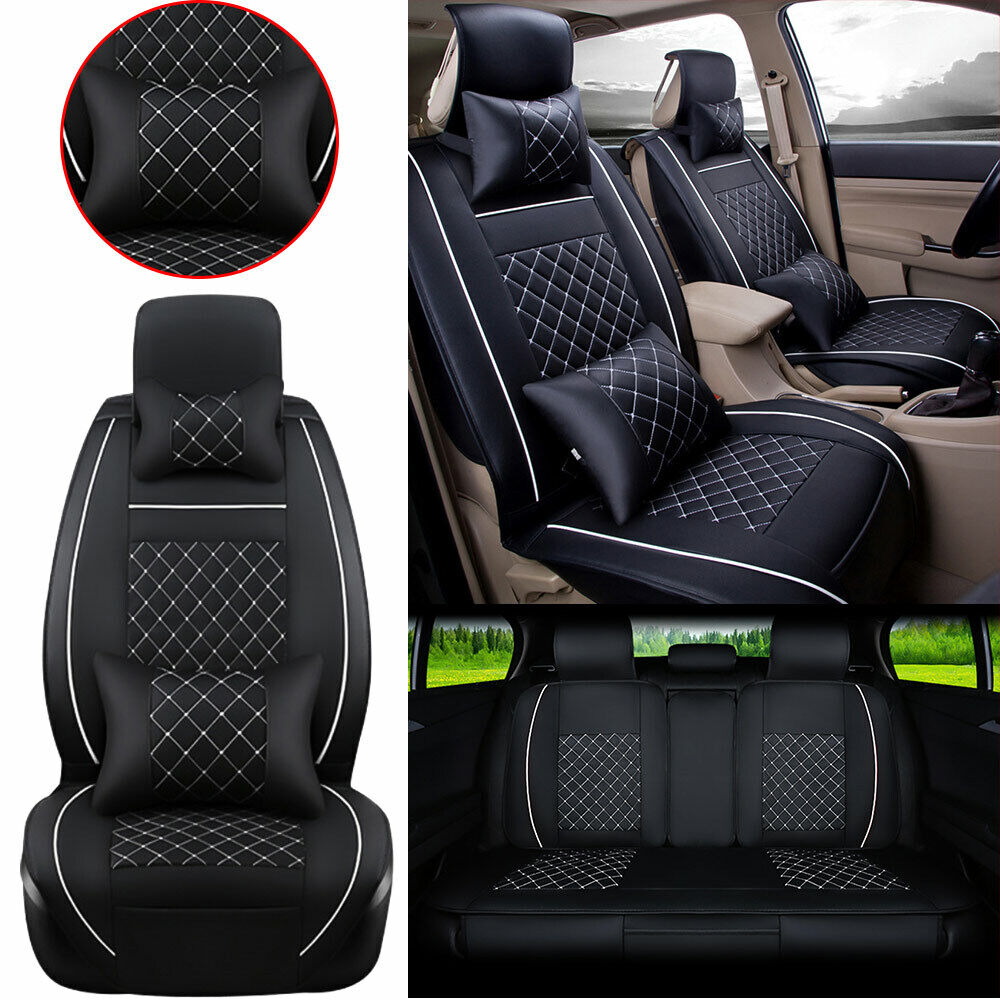 US Auto Car Seat Cover Front & Rear PU Leather 5-Seats W/Pillow Size L 4 Seasons