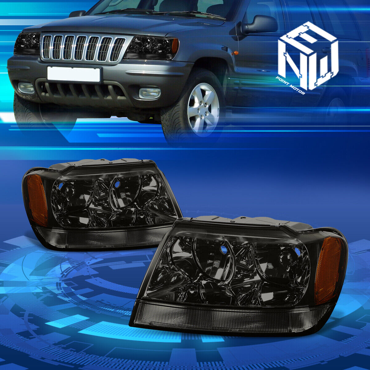 For 99-04 Jeep Grand Cherokee WJ Smoked/Amber Corner Headlight Lamps Replacement