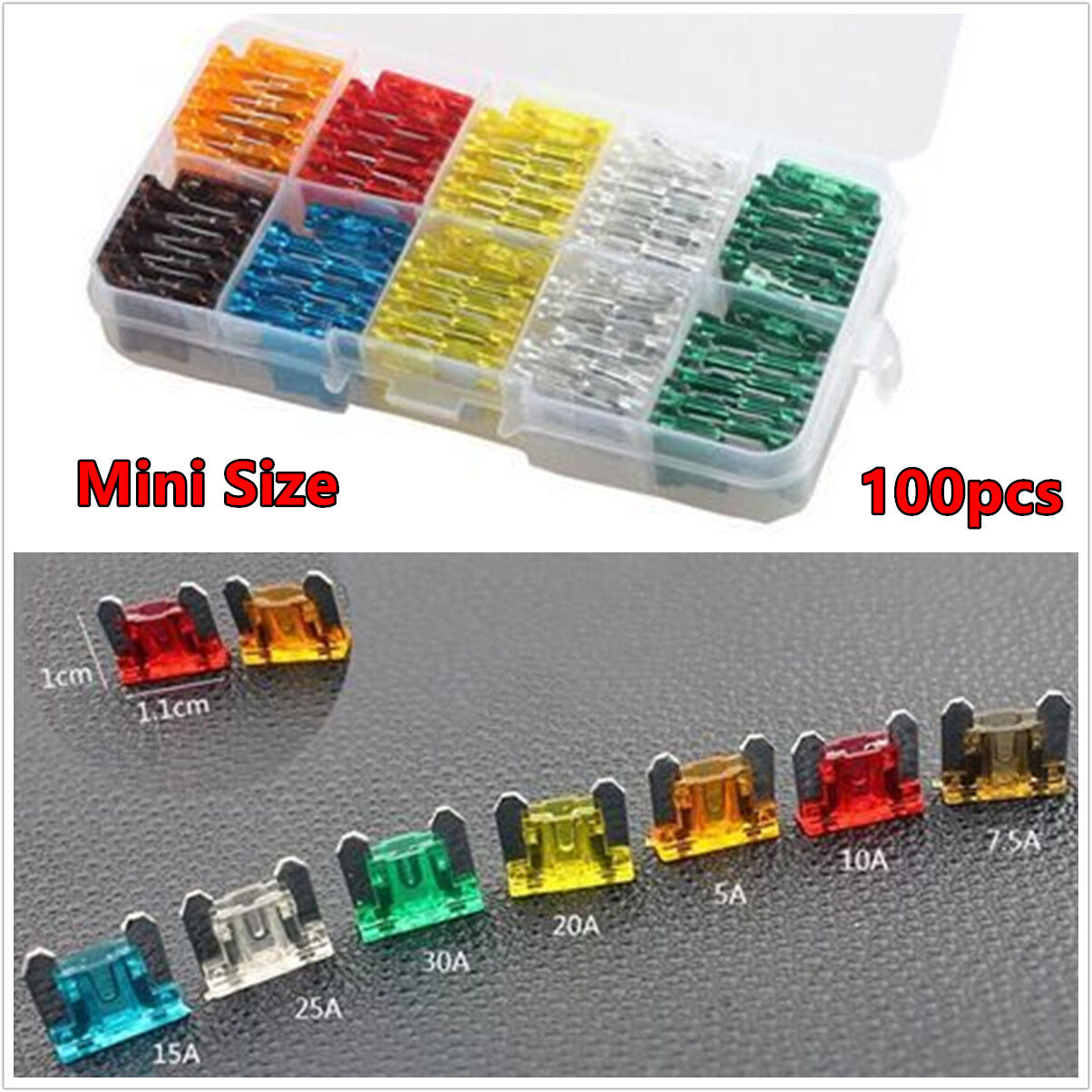 100pcs 5 7.5 10 15 20 25 30 Amp Fuse Assorted Kit Car Mini Low Profile Fuse Box