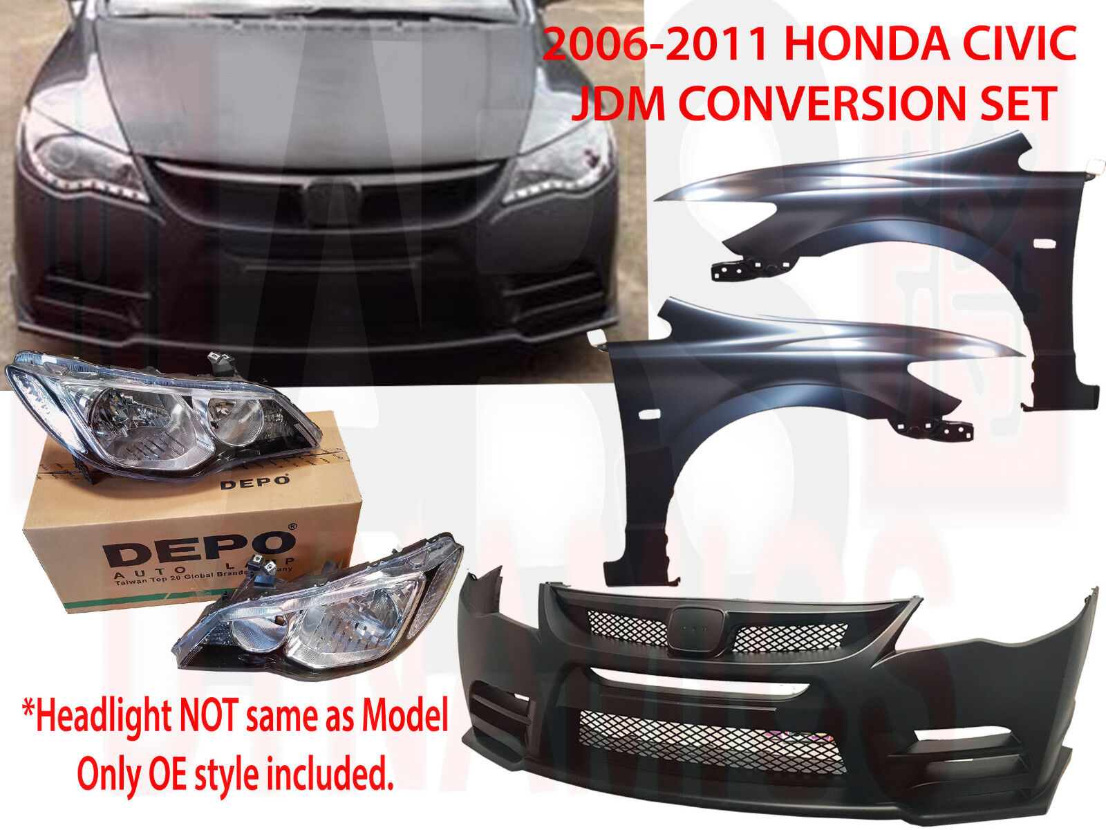New JDM M R CONVERSION for 2006-11 Honda Civic LIGHTS BUMPER FENDERS OE HOOD