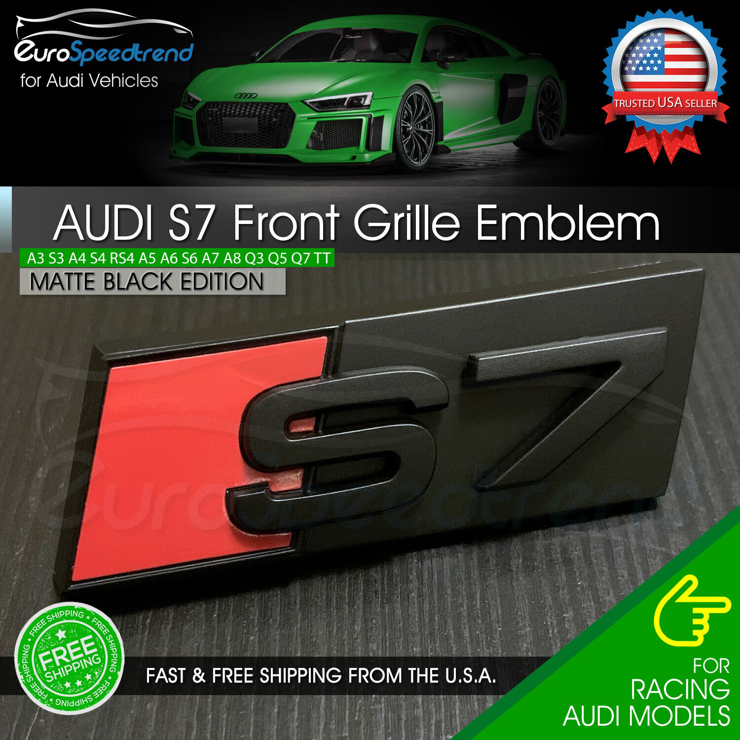 Audi S7 Front Grill Matte Black Emblem for A7 S7 Hood Grille Badge Nameplate OE