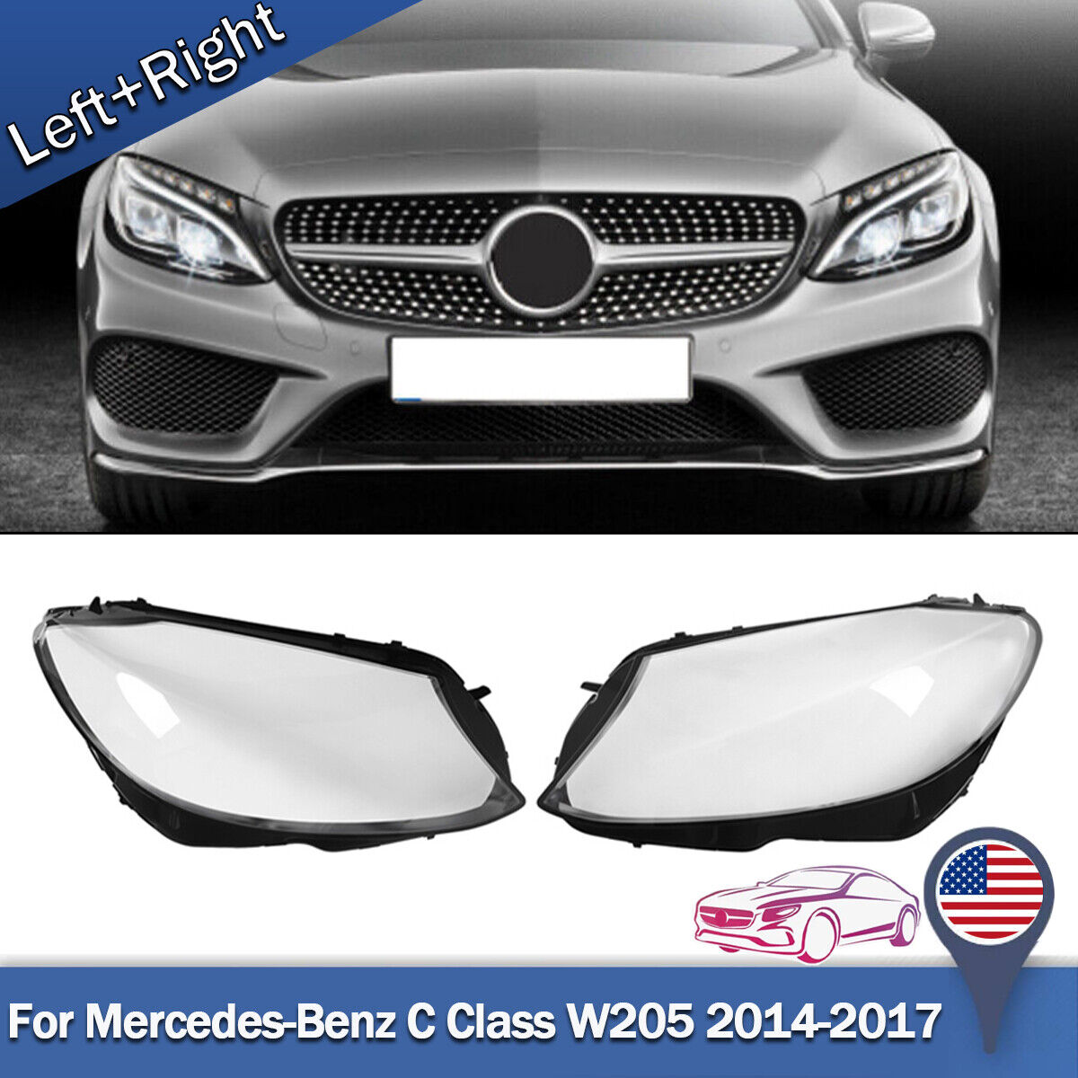 1Pair Headlight Clear Cover Lens For Benz C-Class W205 C200 C260 C280 C300 14-17