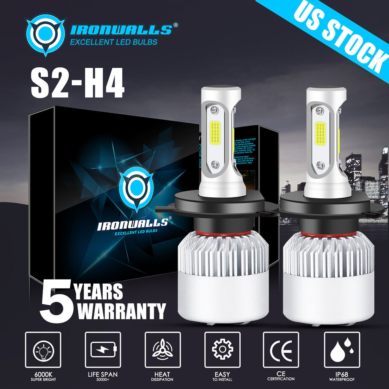 IRONWALLS COB H4 9003 LED Headlight HI-LO Bulbs 2000W 300000LM Xenon White 6500K
