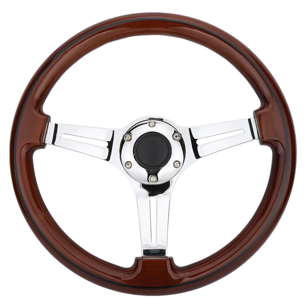 Universal Classic 14'' Alloy Wood Grain Trim Wooden Chrome Spoke Steering Wheel